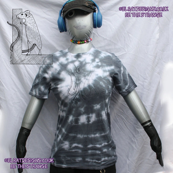 Misprint Octoclops Hand-Drawn Cephalopod Tee - White/Black Tie-Dye cotton T-Shirt Small #1 | ElRat Designs - elratdesigns.co.uk