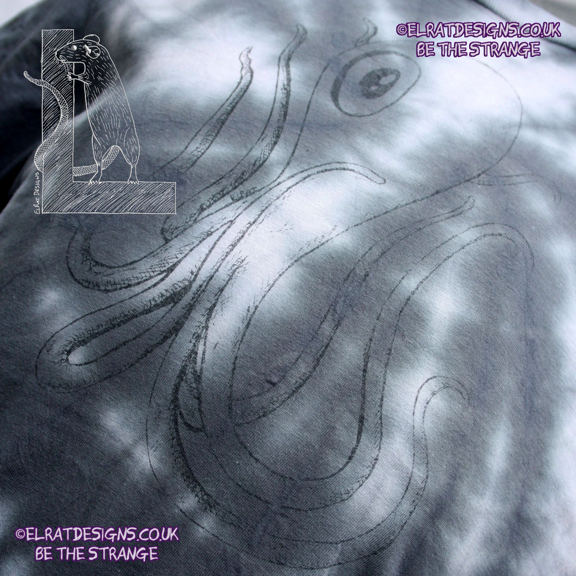 Misprint Octoclops Hand-Drawn Cephalopod Tee - White/Black Tie-Dye cotton T-Shirt Small #2 | ElRat Designs - elratdesigns.co.uk