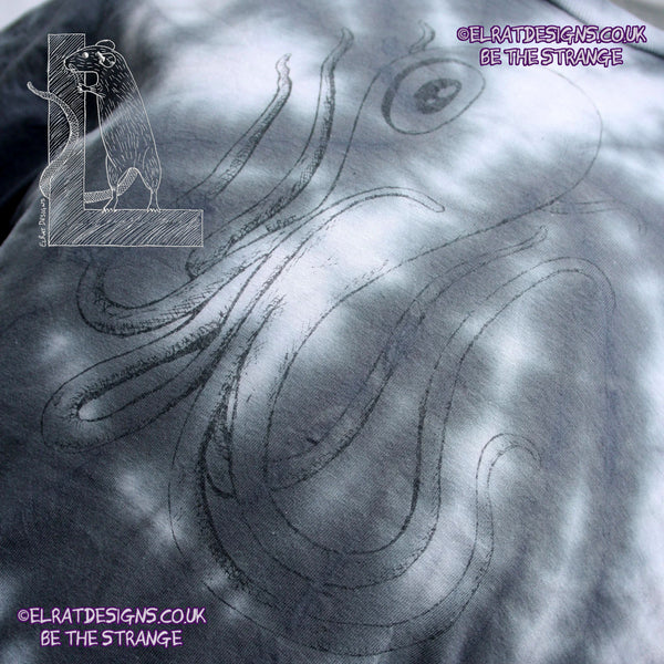 Misprint Octoclops Hand-Drawn Cephalopod Tee - White/Black Tie-Dye cotton T-Shirt Small #2 | ElRat Designs - elratdesigns.co.uk