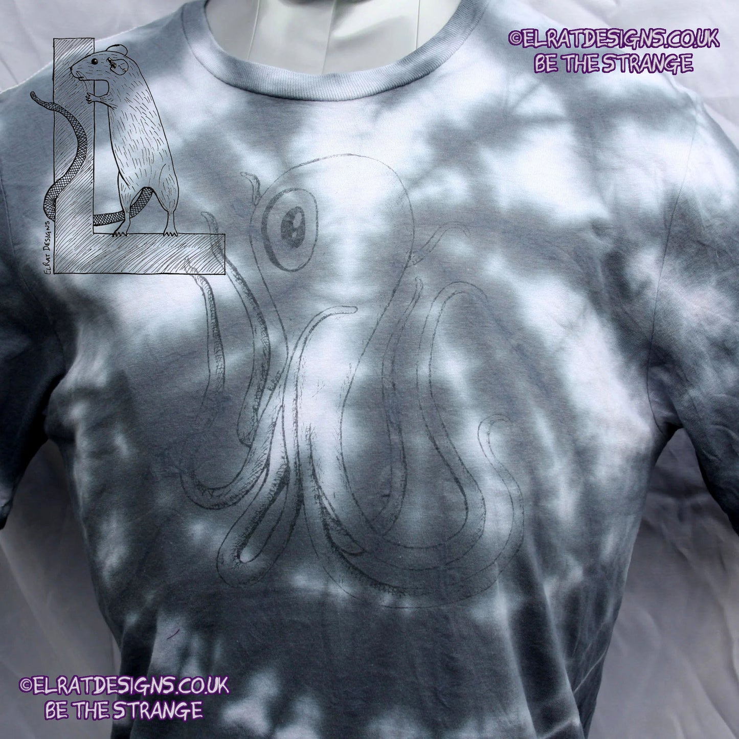 Misprint Octoclops Hand-Drawn Cephalopod Tee - White/Black Tie-Dye cotton T-Shirt Small #2 | ElRat Designs - elratdesigns.co.uk