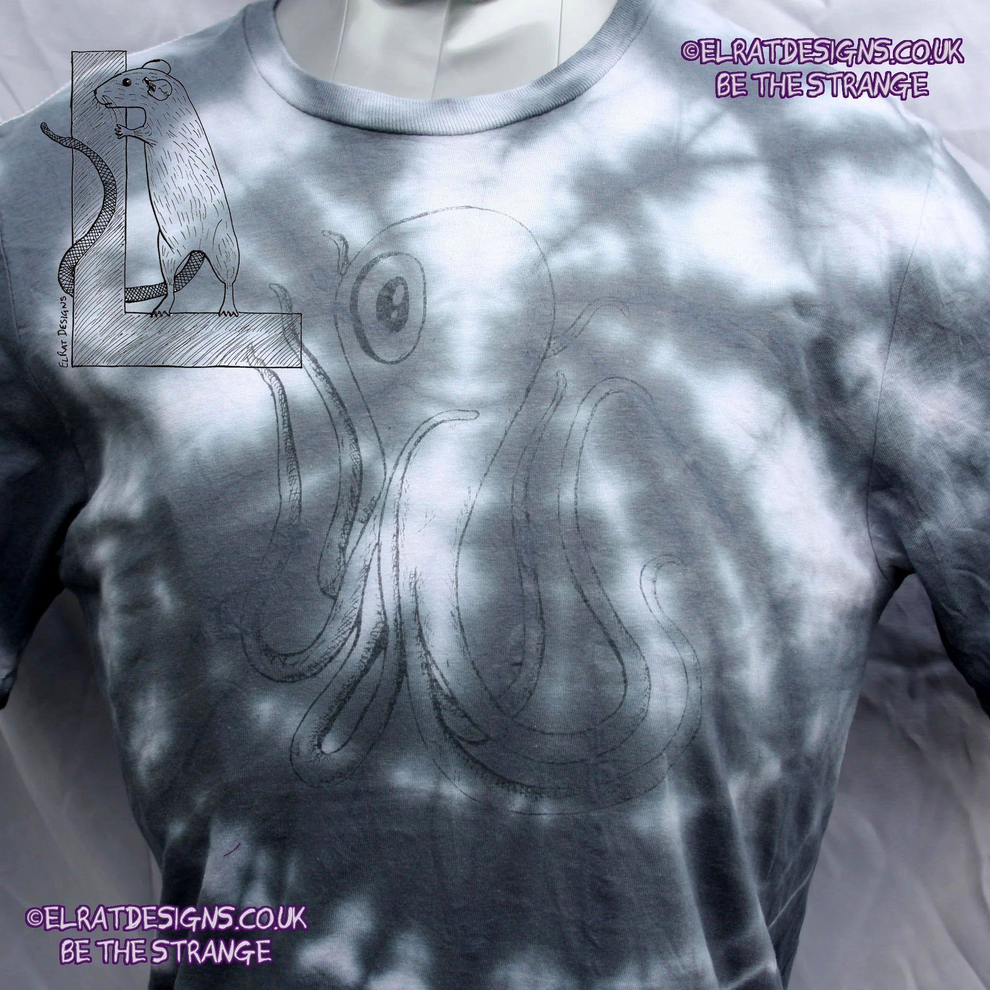 Misprint Octoclops Hand-Drawn Cephalopod Tee - White/Black Tie-Dye cotton T-Shirt Small #2 | ElRat Designs - elratdesigns.co.uk