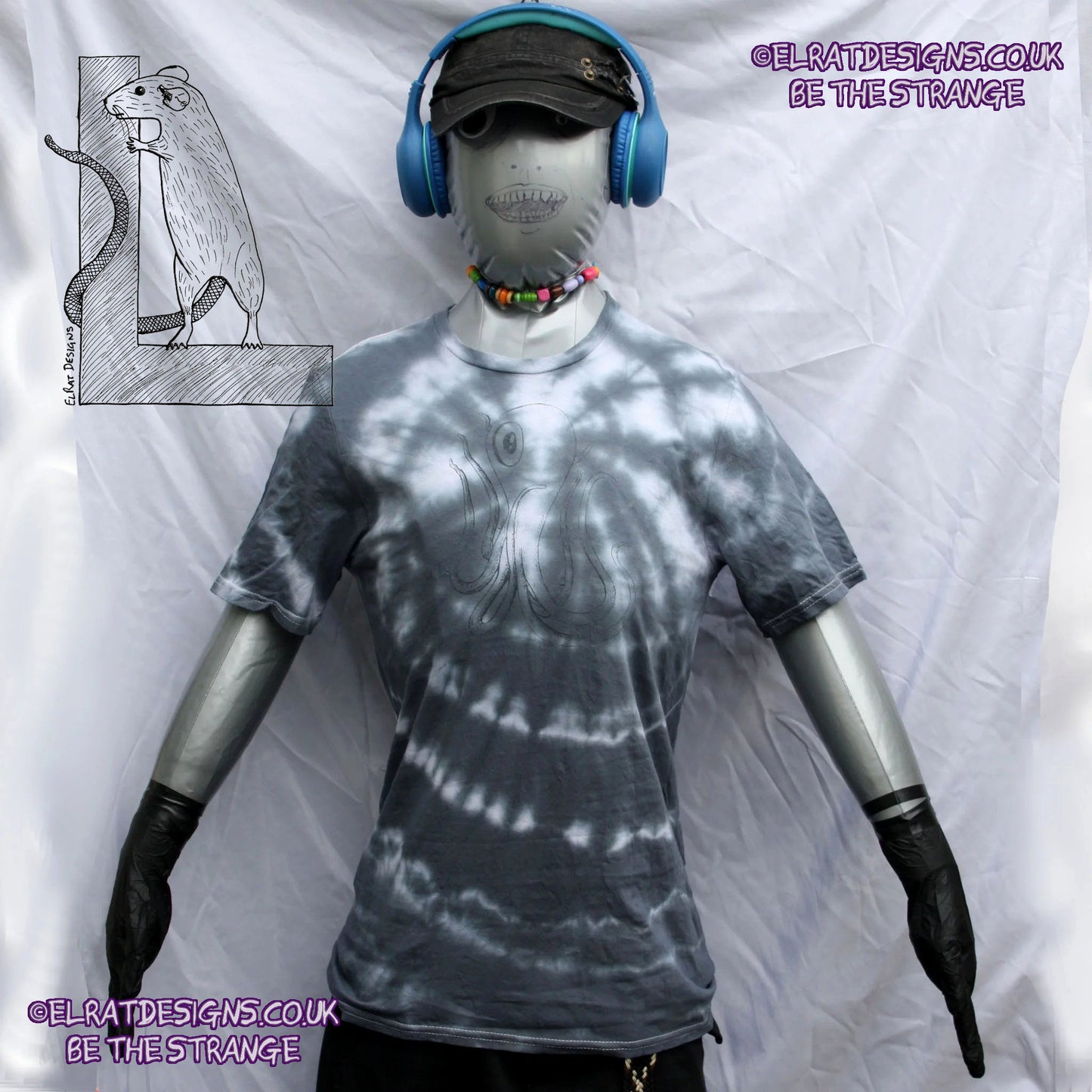 Misprint Octoclops Hand-Drawn Cephalopod Tee - White/Black Tie-Dye cotton T-Shirt Small #2 | ElRat Designs - elratdesigns.co.uk