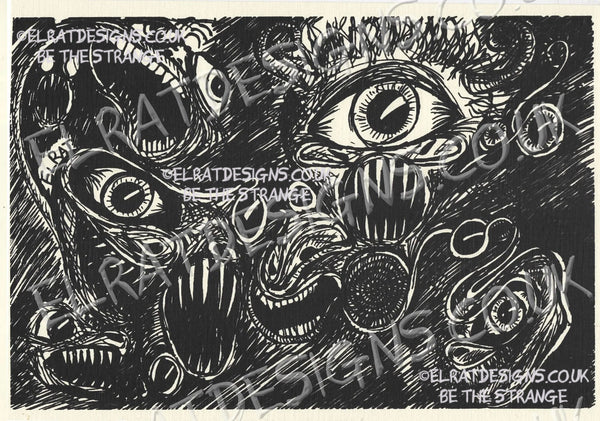 Hand drawn by ElRat, Screeching Eyeballs Original Art Print. eyes and mouths, Aphantasia artist. Only from ElRat Designs - hero - elratdesigns.co.uk