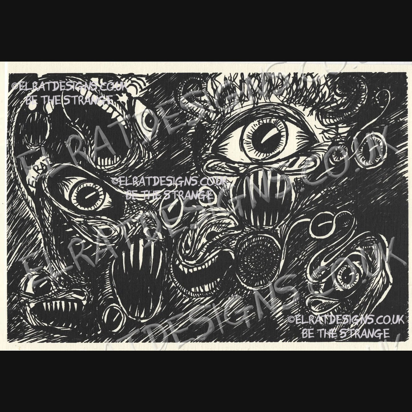 Hand drawn by ElRat, Screeching Eyeballs Original Art Print. eyes and mouths, Aphantasia artist. Only from ElRat Designs - gallery-skip - elratdesigns.co.uk