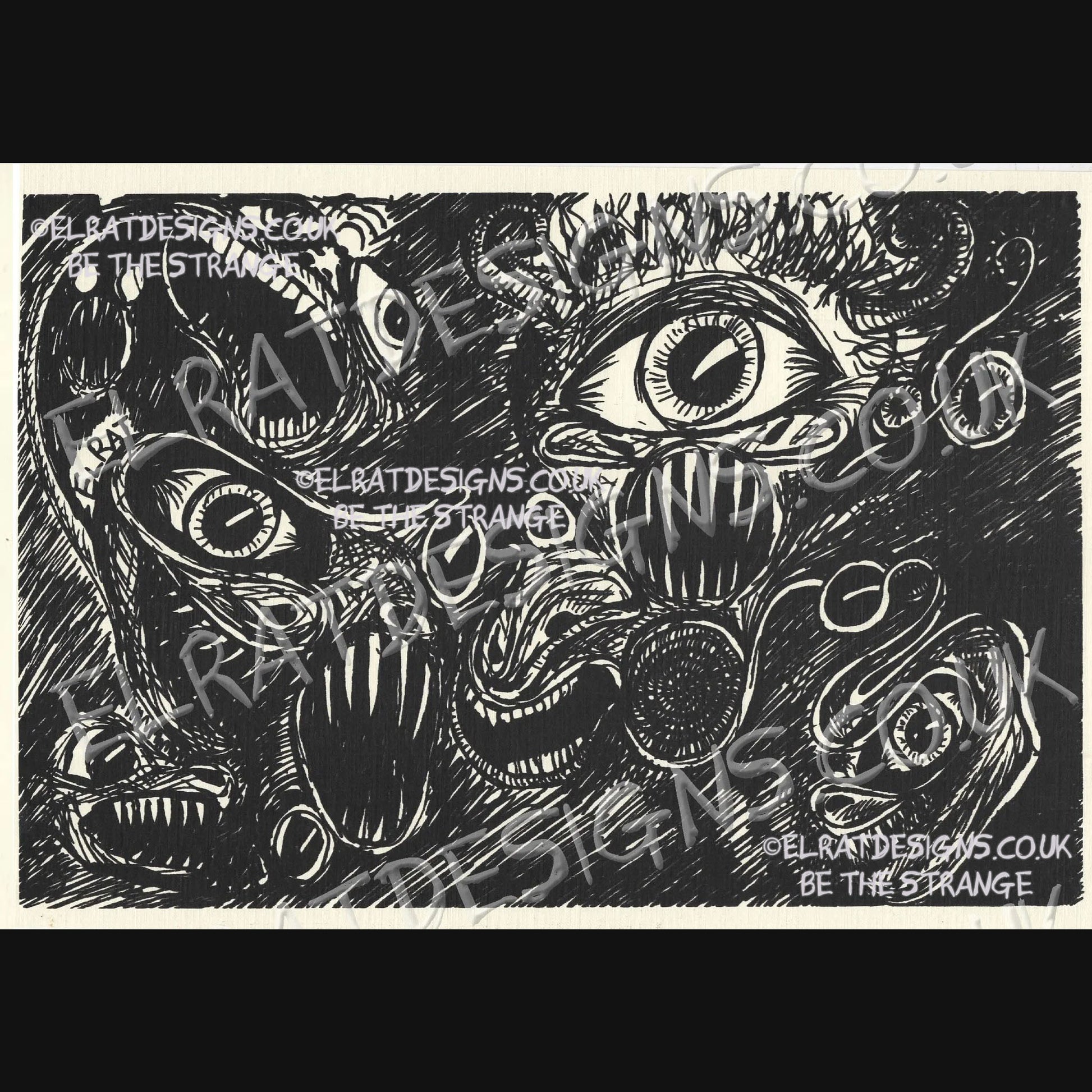 Hand drawn by ElRat, Screeching Eyeballs Original Art Print. eyes and mouths, Aphantasia artist. Only from ElRat Designs - gallery-skip - elratdesigns.co.uk