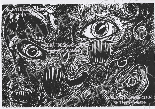 Hand drawn by ElRat, Screeching Eyeballs Original Art Print. eyes and mouths, Aphantasia artist. Only from ElRat Designs - hero - elratdesigns.co.uk