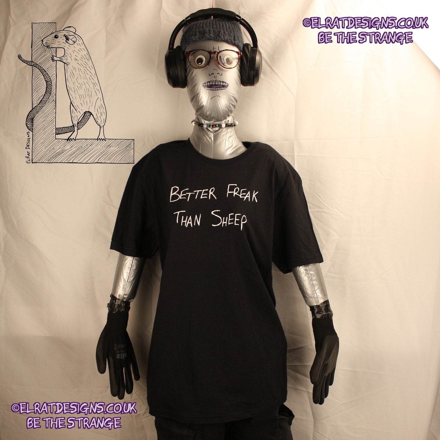 Better Freak Than Sheep, hand scrawled T-Shirt, Black with White ink ElRat Designs - hero - ElRatDesigns.co.uk