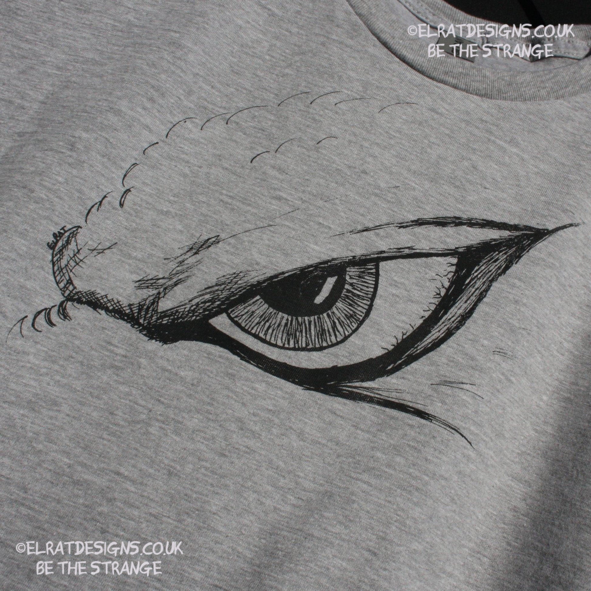 ElRat Designs Hand-drawn Kaiju eye design on a screen-printed t-shirt, inspired by Japanese monster movies - elratdesigns.co.uk