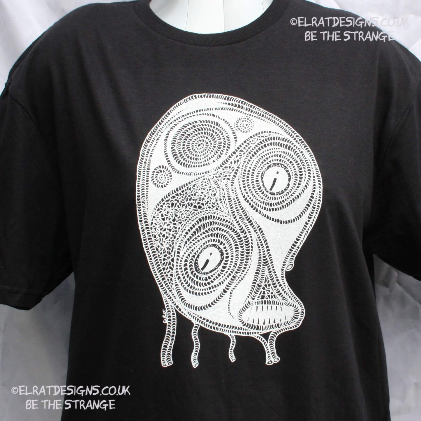 ElRat Designs Leonard the spiral alien, or sea monster design on a screen-printed t-shirt, Aphantasia drawing - elratdesigns.co.uk