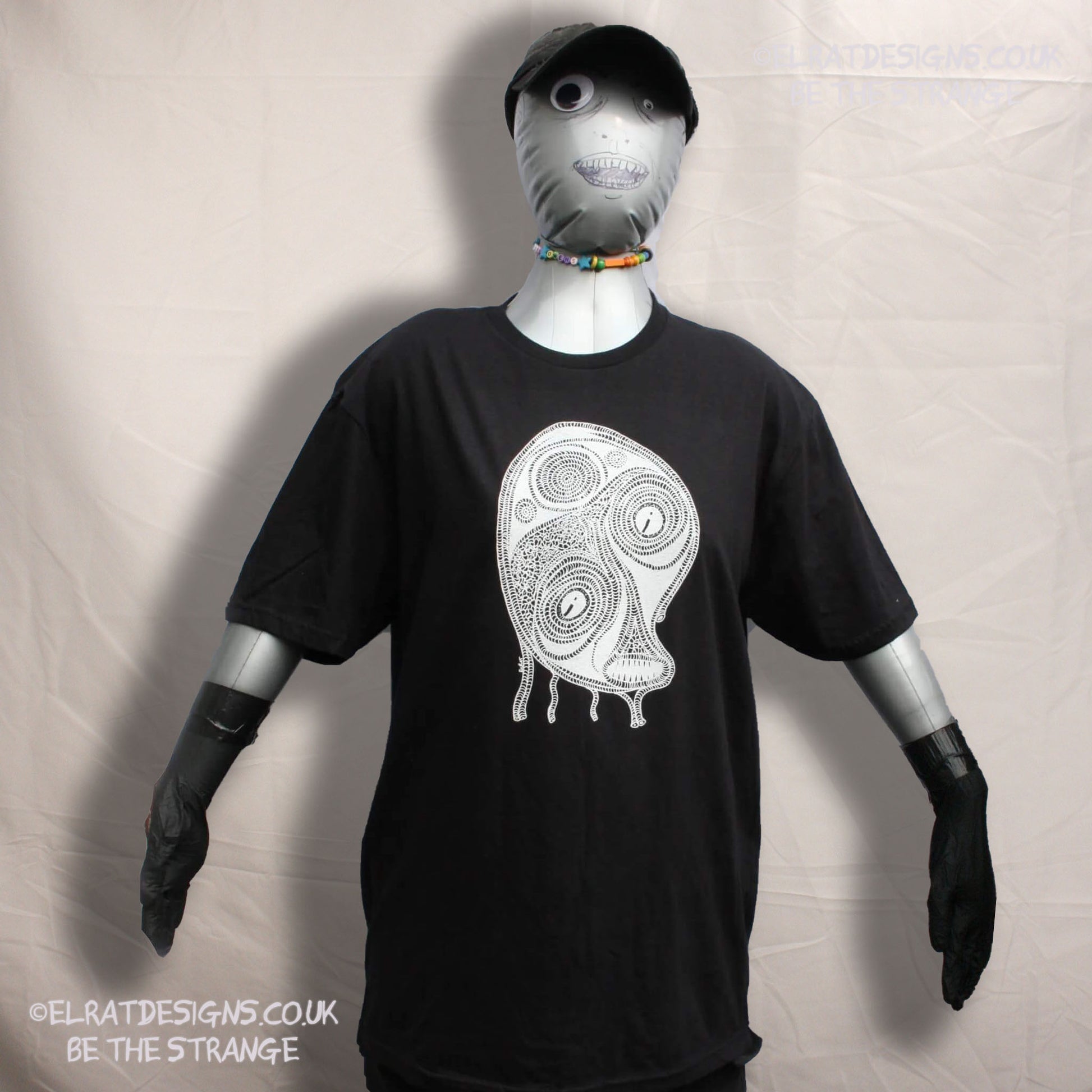 ElRat Designs Leonard the spiral alien, or sea monster design on a screen-printed t-shirt, Aphantasia drawing - elratdesigns.co.uk