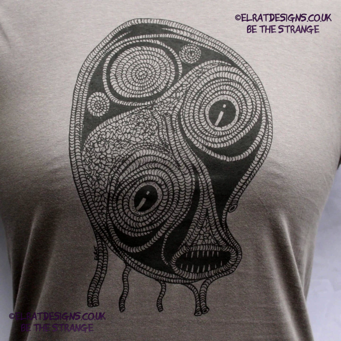 ElRat Designs Leonard the spiral alien, or sea monster design on a screen-printed t-shirt, Aphantasia drawing - elratdesigns.co.uk