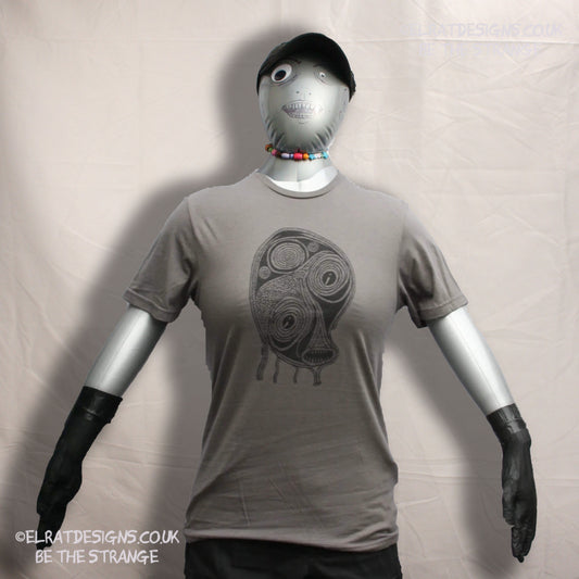 ElRat Designs Leonard the spiral alien, or sea monster design on a screen-printed t-shirt, Aphantasia drawing - elratdesigns.co.uk