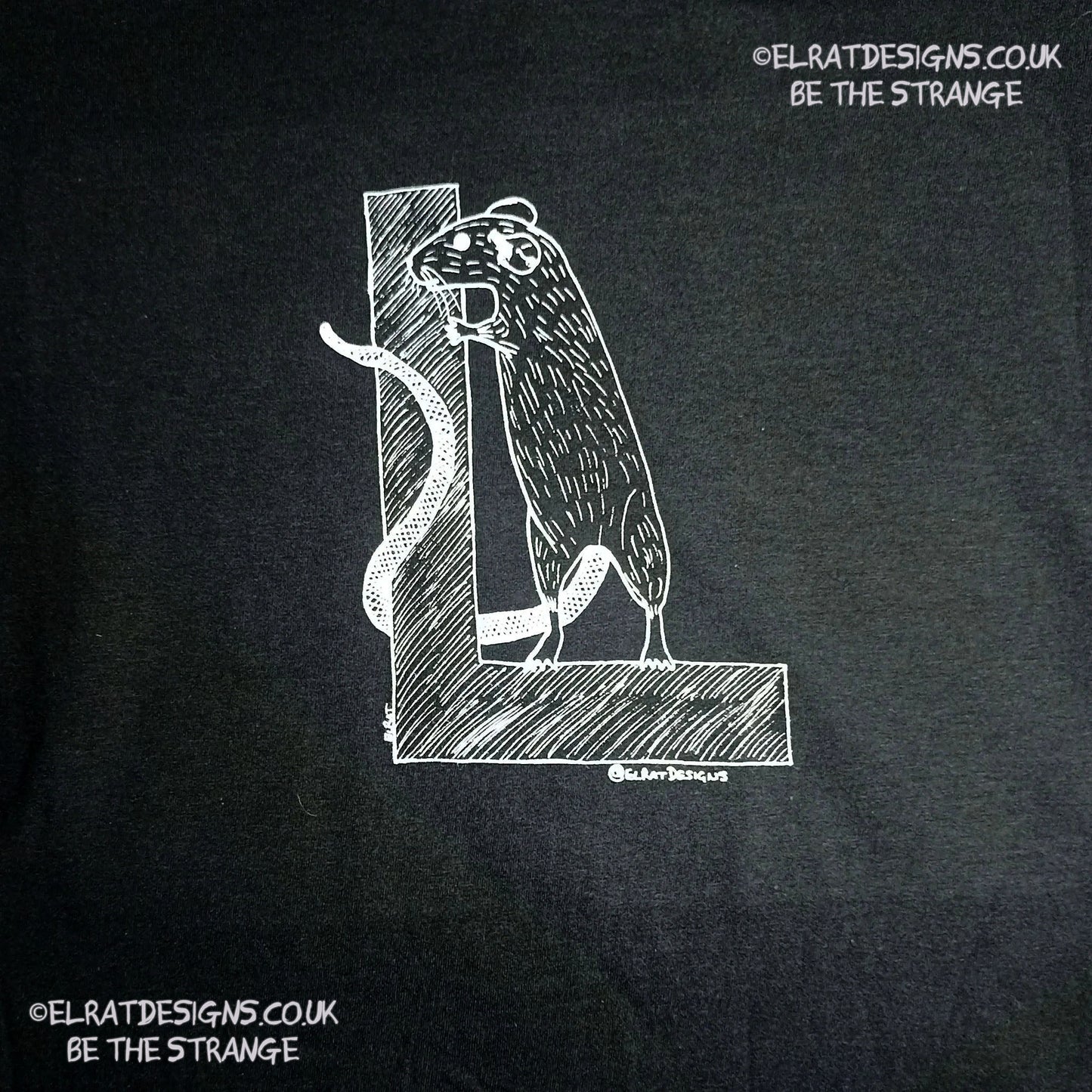 ElRat Designs original logo hand drawn Rat on a capital L, t-shirt - elratdesigns.co.uk