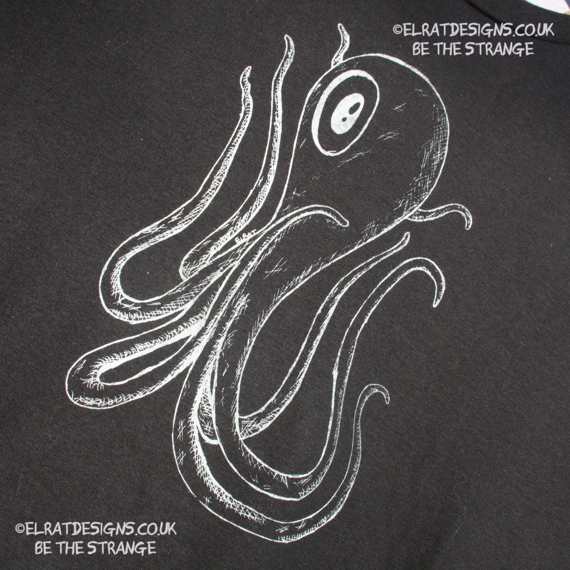 ElRat Designs hand-drawn Octoclops design, B-Movie inspiredl! hand puled screen print with eco friendly water based ink. elratdesigns.co.uk