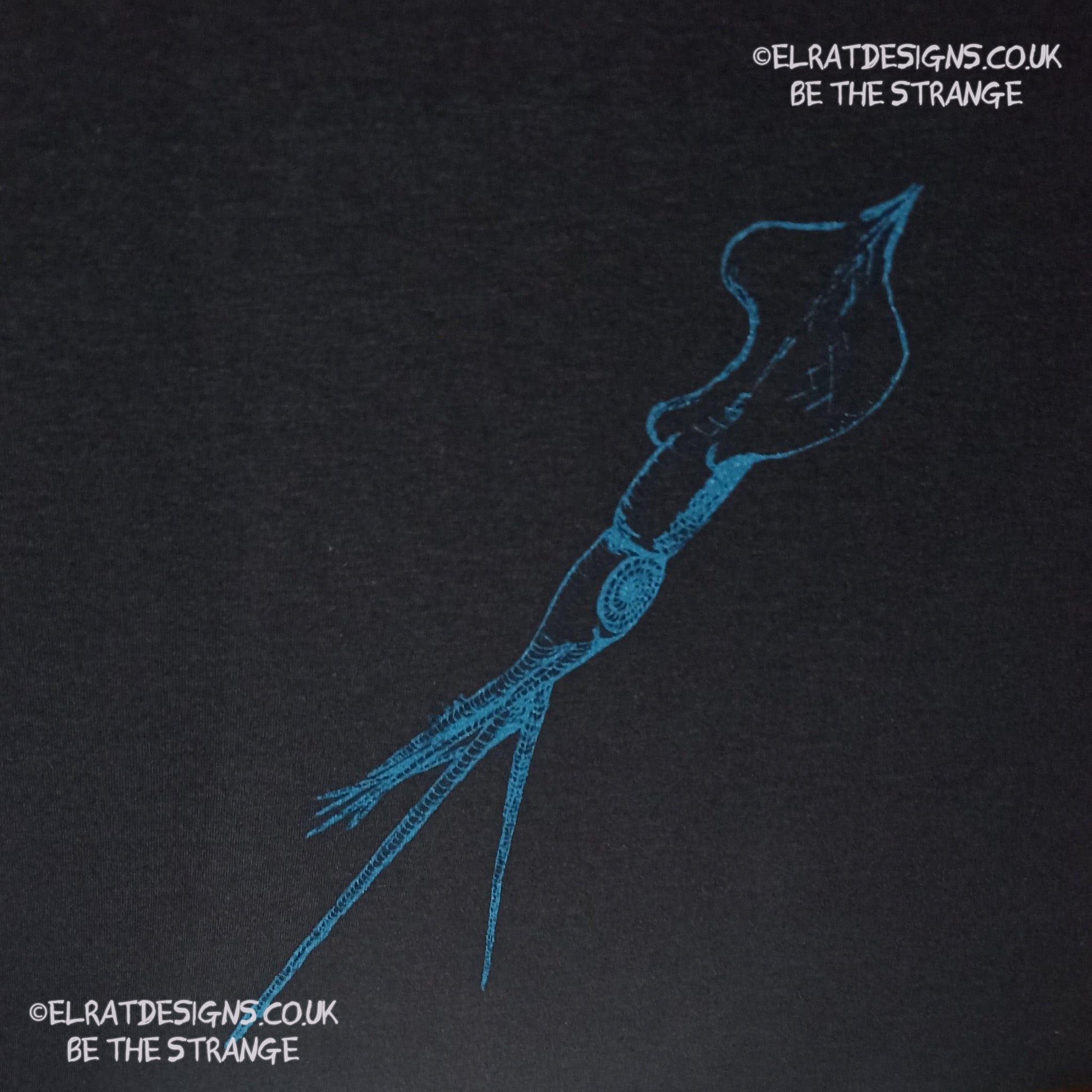 ElRat Designs hand-drawn whiplash squid design, cephalopods are cool! hand pulled screen print with eco friendly water based ink. elratdesigns.co.uk