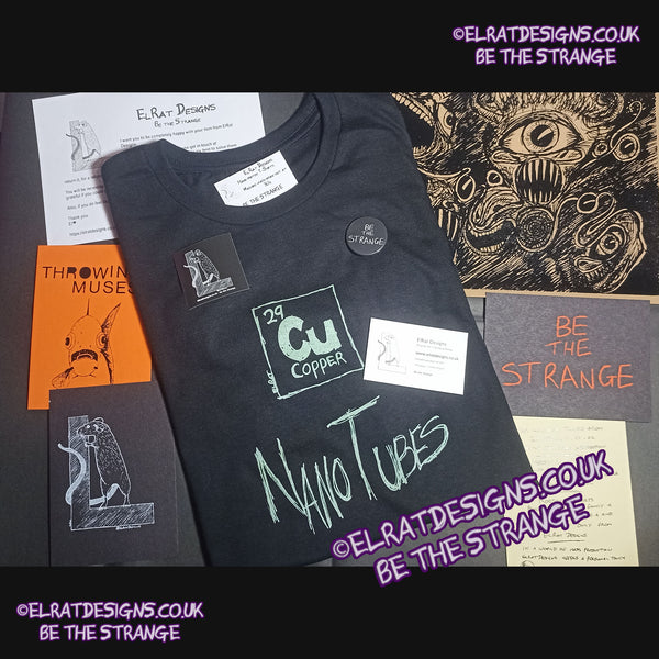ElRat package of light. Copper Nanotubes CuNTs scientific humour screen printed t-shirt, featuring pearlescent Apple Mint Green ink. only from elratdesigns.co.uk - hero