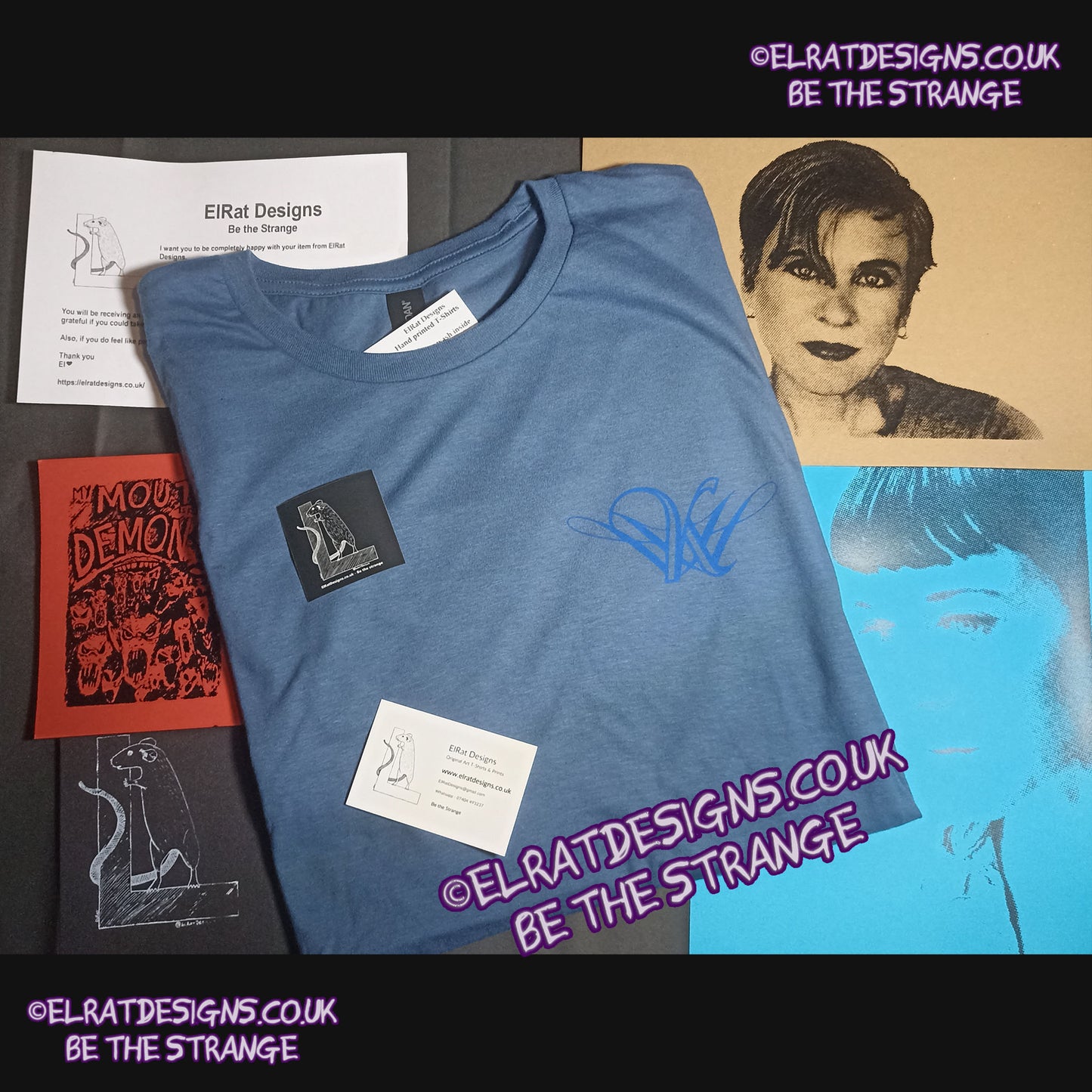 ElRat, Package of light. Kristin Hersh, Heaven, lyric shirt KH logo front pocket area, back print "in the race but out of step" handwritten by Kristin Hersh,  written exclusively for ElRat designs - hero - elratdesigns.co.uk