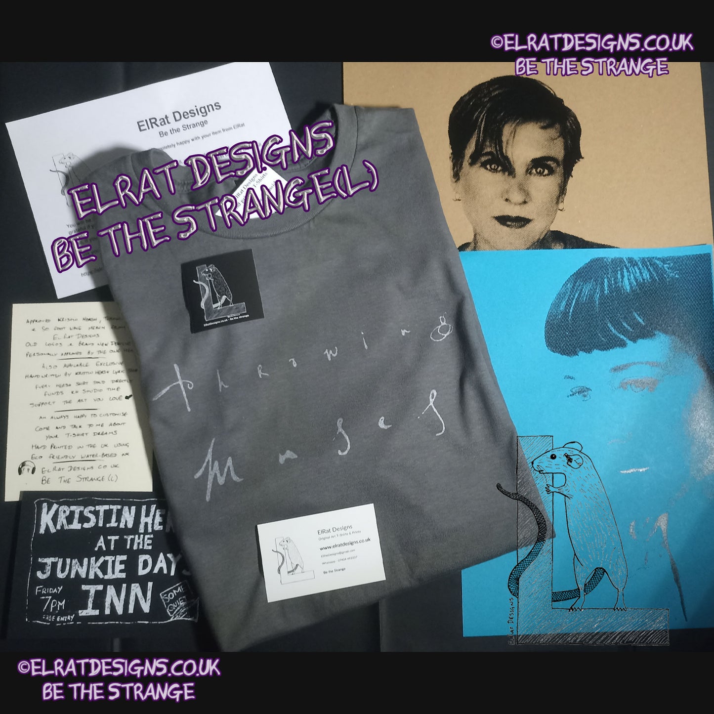 ElRat package of light Throwing Muses, Chains Changed, Classic Logo T-Shirt. Charcoal and Silver. Every Hersh Shirt Supports Kristin Hersh Studio Time ElRat Designs - hero - elratdesigns.co.uk