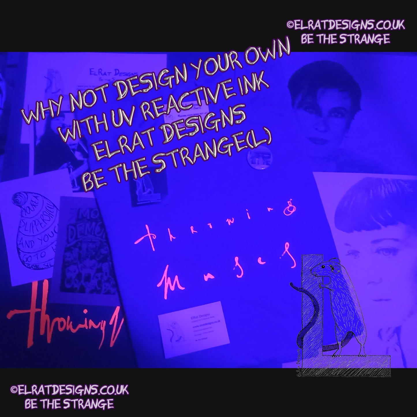 ElRat package of light Throwing Muses, Chains Changed, Classic Logo T-Shirt. custom UV print. Every Hersh Shirt Supports Kristin Hersh Studio Time ElRat Designs - hero - elratdesigns.co.uk