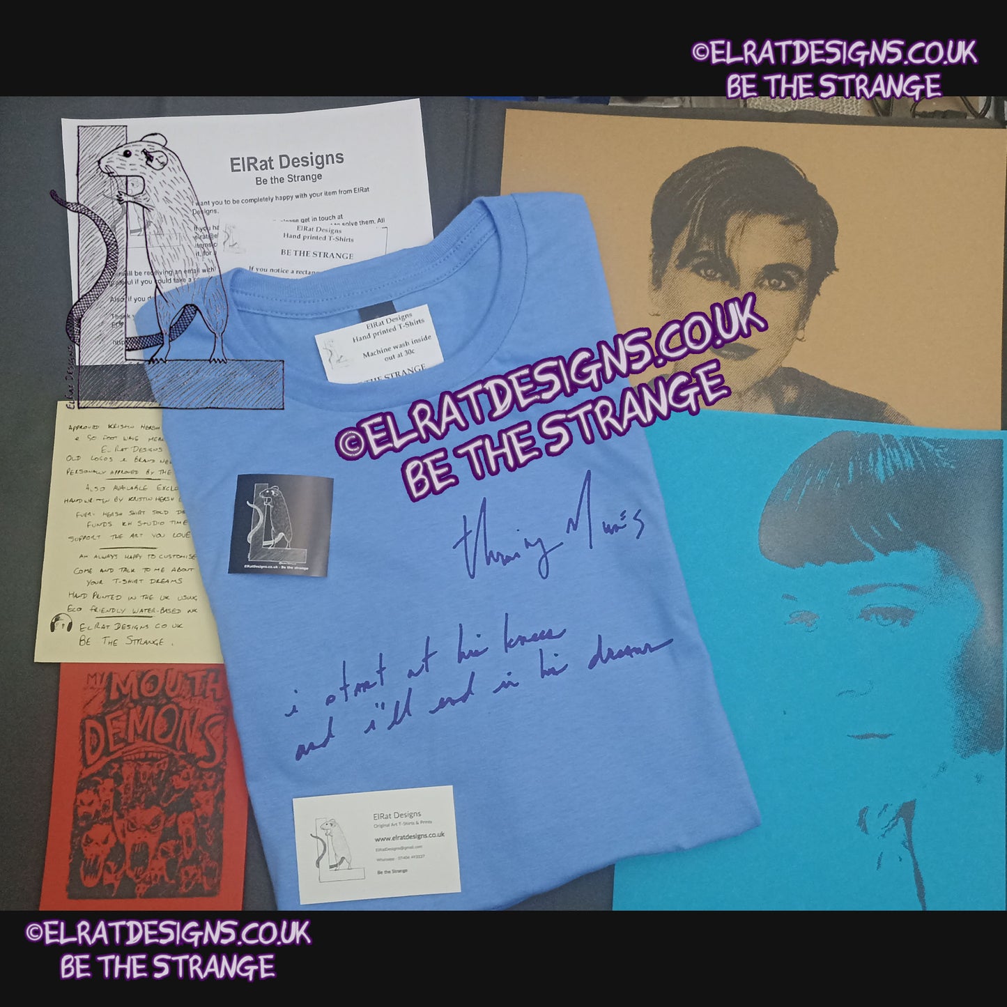 ElRat, Package of Light. Throwing Muses - "Start" T-Shirt, "I start at his knees and I'll end in his dreams, handwritten by Kristin Hersh, in April 2024. written exclusively for ElRat designs - hero - elratdesigns.co.uk