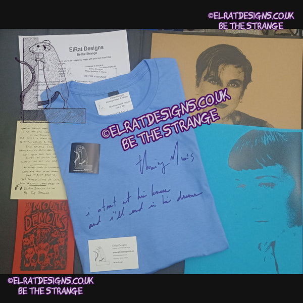 ElRat, Package of Light. Throwing Muses - "Start" T-Shirt, "I start at his knees and I'll end in his dreams, handwritten by Kristin Hersh, in April 2024. written exclusively for ElRat designs - hero - elratdesigns.co.uk