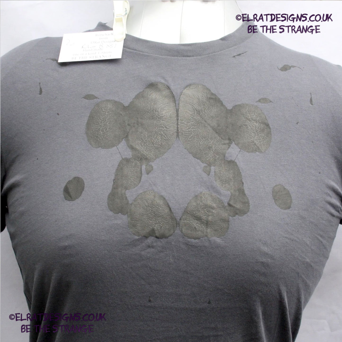Rorschach, Anthracite cotton T-Shirt with Black ink blot - XSmall  #1 (RAnt B XS1) - ElRat Designs - elratdesigns.co.uk