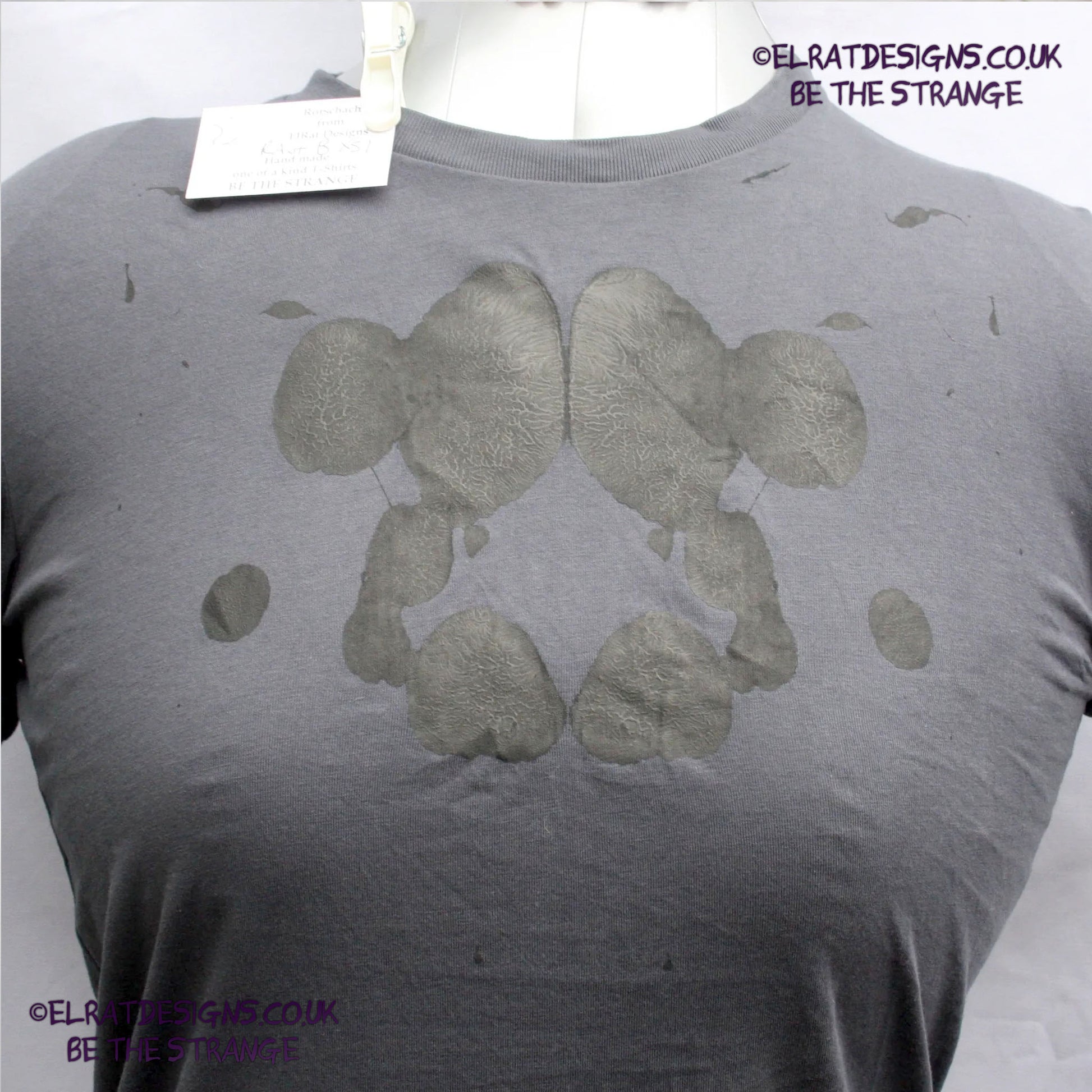 Rorschach, Anthracite cotton T-Shirt with Black ink blot - XSmall  #1 (RAnt B XS1) - ElRat Designs - elratdesigns.co.uk