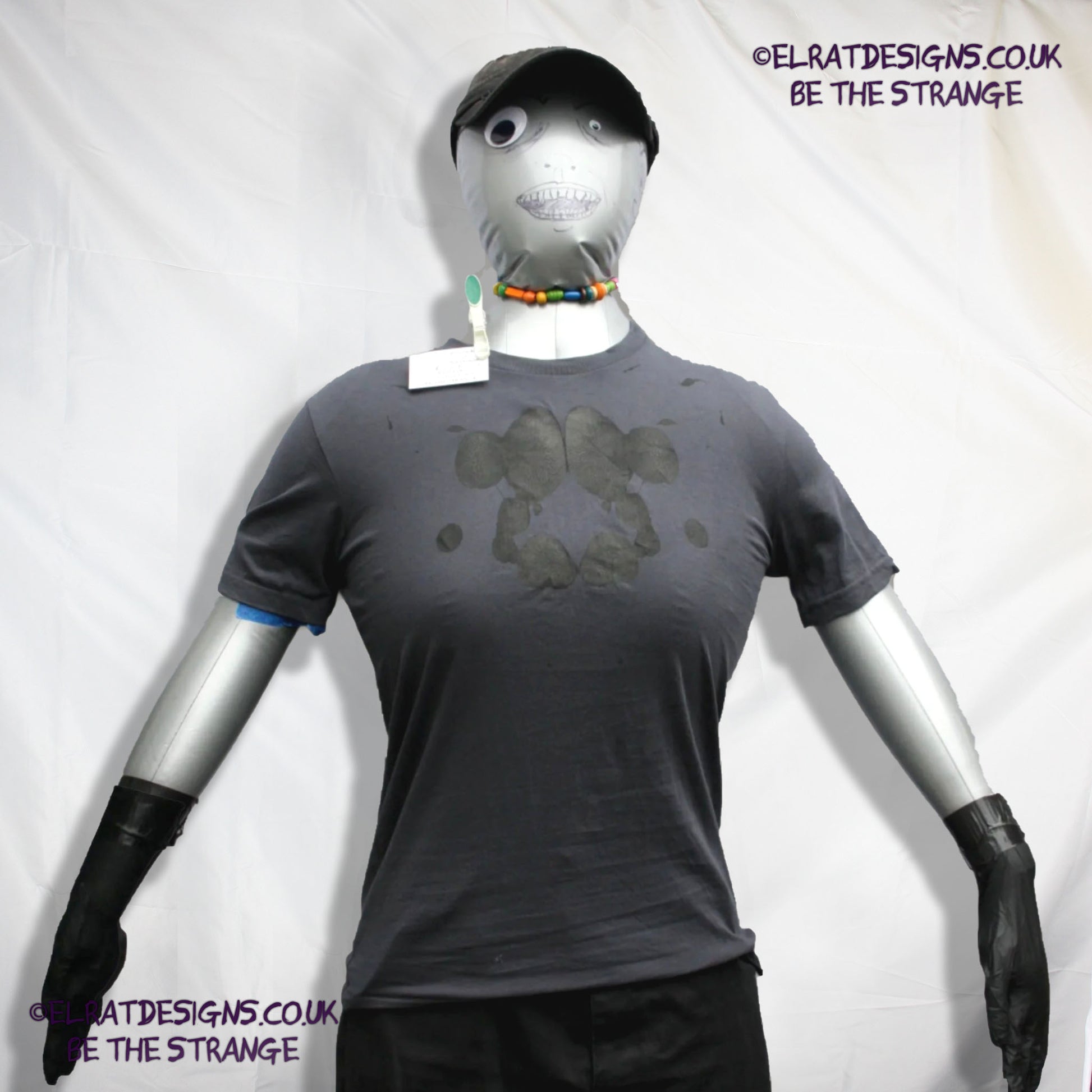 Rorschach, Anthracite cotton T-Shirt with Black ink blot - XSmall #1 (RAnt B XS1) - ElRat Designs - elratdesigns.co.uk