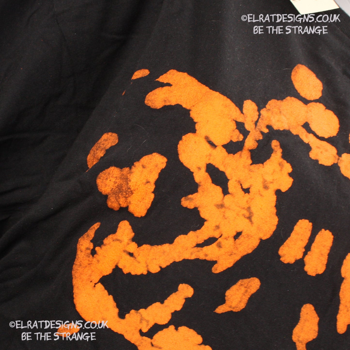 Rorschach, Black cotton T-Shirt with Orange ink blot with patchy ink- XLarge #1 (RB O XL1) - ElRat Designs - elratdesigns.co.uk