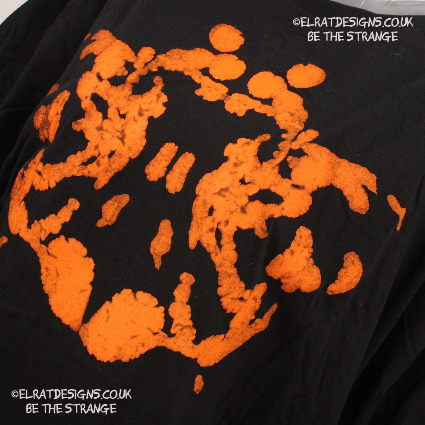 Rorschach, Black cotton T-Shirt with Orange ink blot with patchy ink- XLarge #1 (RB O XL1) - ElRat Designs - elratdesigns.co.uk