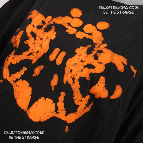 Rorschach, Black cotton T-Shirt with Orange ink blot with patchy ink- XLarge #1 (RB O XL1) - ElRat Designs - elratdesigns.co.uk