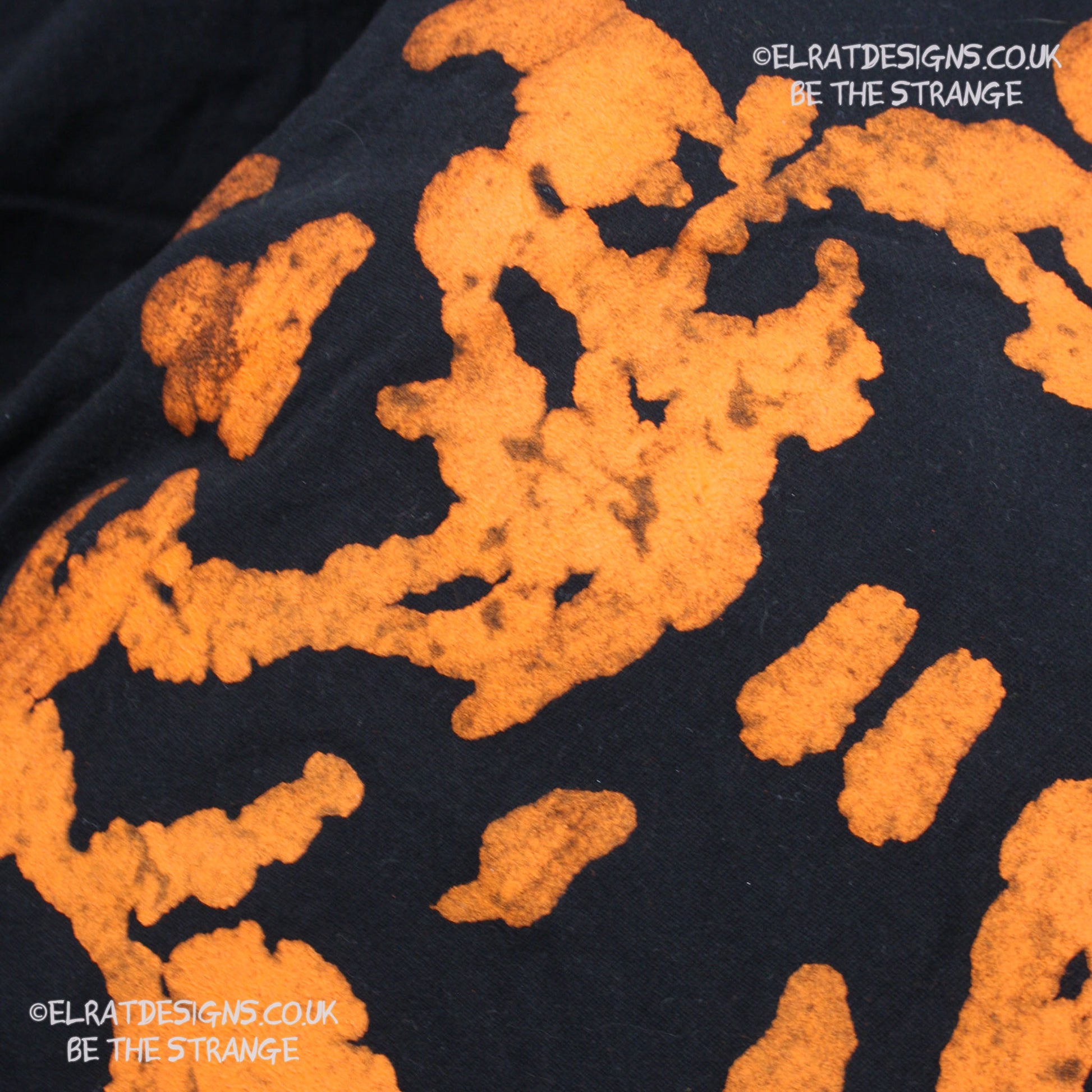 Rorschach, Black cotton T-Shirt with Orange ink blot with patchy ink- XLarge #1 (RB O XL1) - ElRat Designs - elratdesigns.co.uk