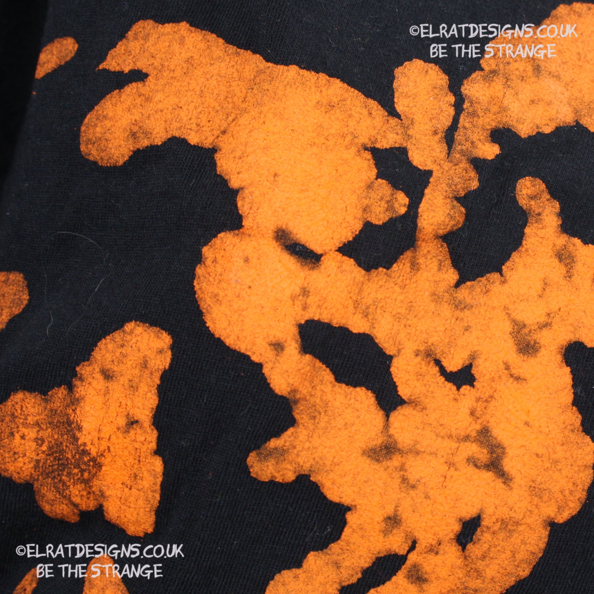 Rorschach, Black cotton T-Shirt with Orange ink blot with patchy ink- XLarge #1 (RB O XL1) - ElRat Designs - elratdesigns.co.uk