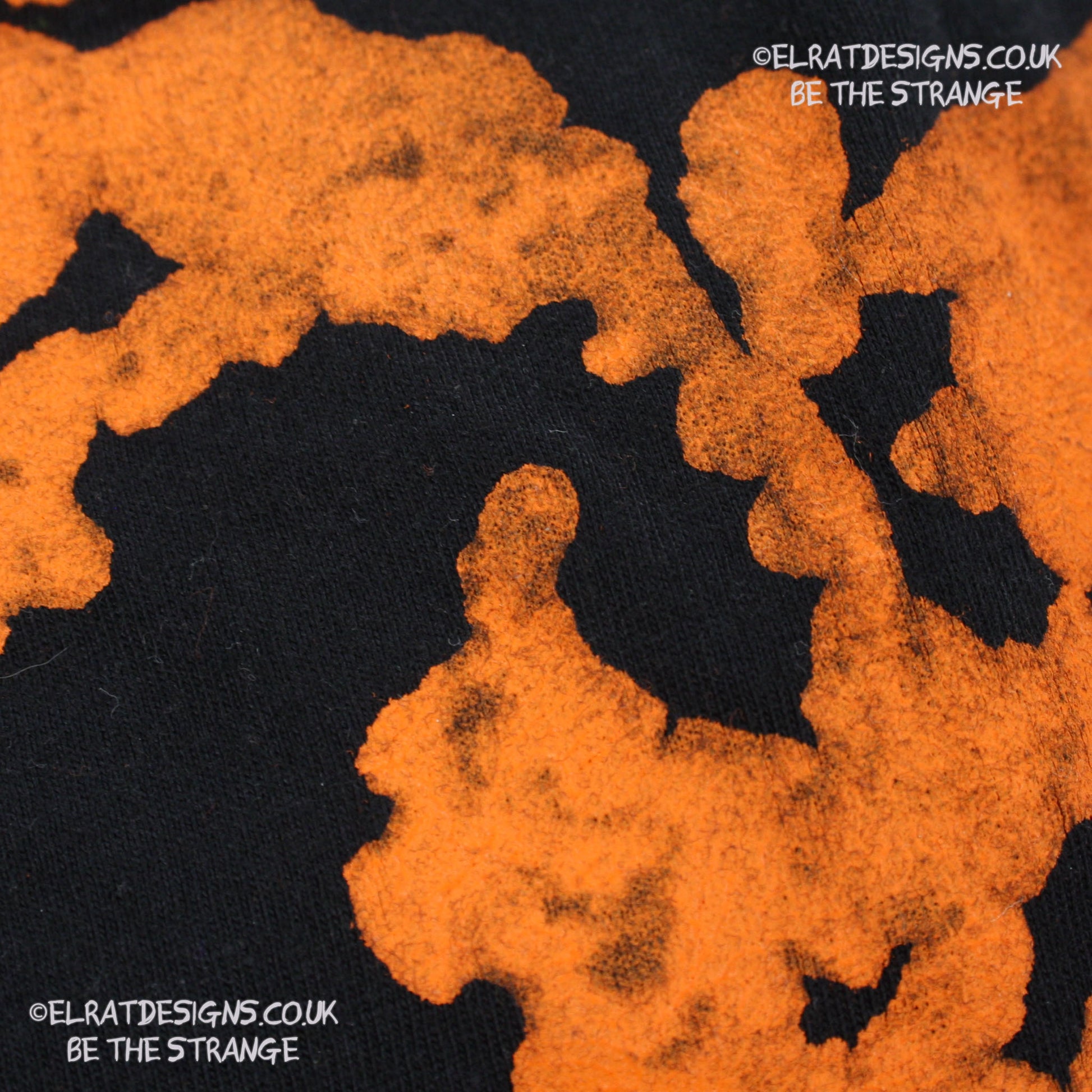 Rorschach, Black cotton T-Shirt with Orange ink blot with patchy ink- XLarge #1 (RB O XL1) - ElRat Designs - elratdesigns.co.uk