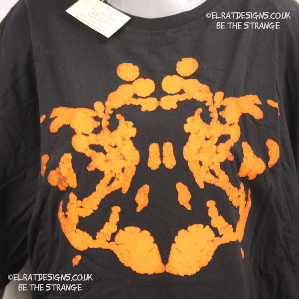 Rorschach, Black cotton T-Shirt with Orange ink blot with patchy ink- XLarge #1 (RB O XL1) - ElRat Designs - elratdesigns.co.uk