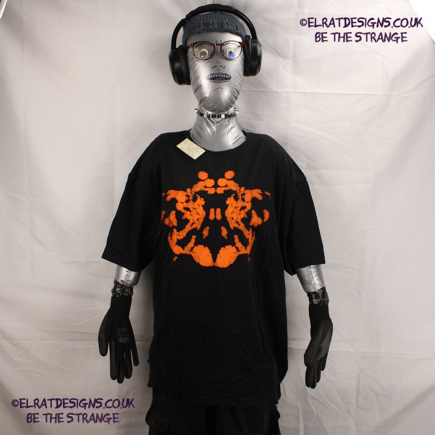 Rorschach, Black cotton T-Shirt with Orange ink blot with patchy ink- XLarge #1 (RB O XL1) - ElRat Designs - elratdesigns.co.uk
