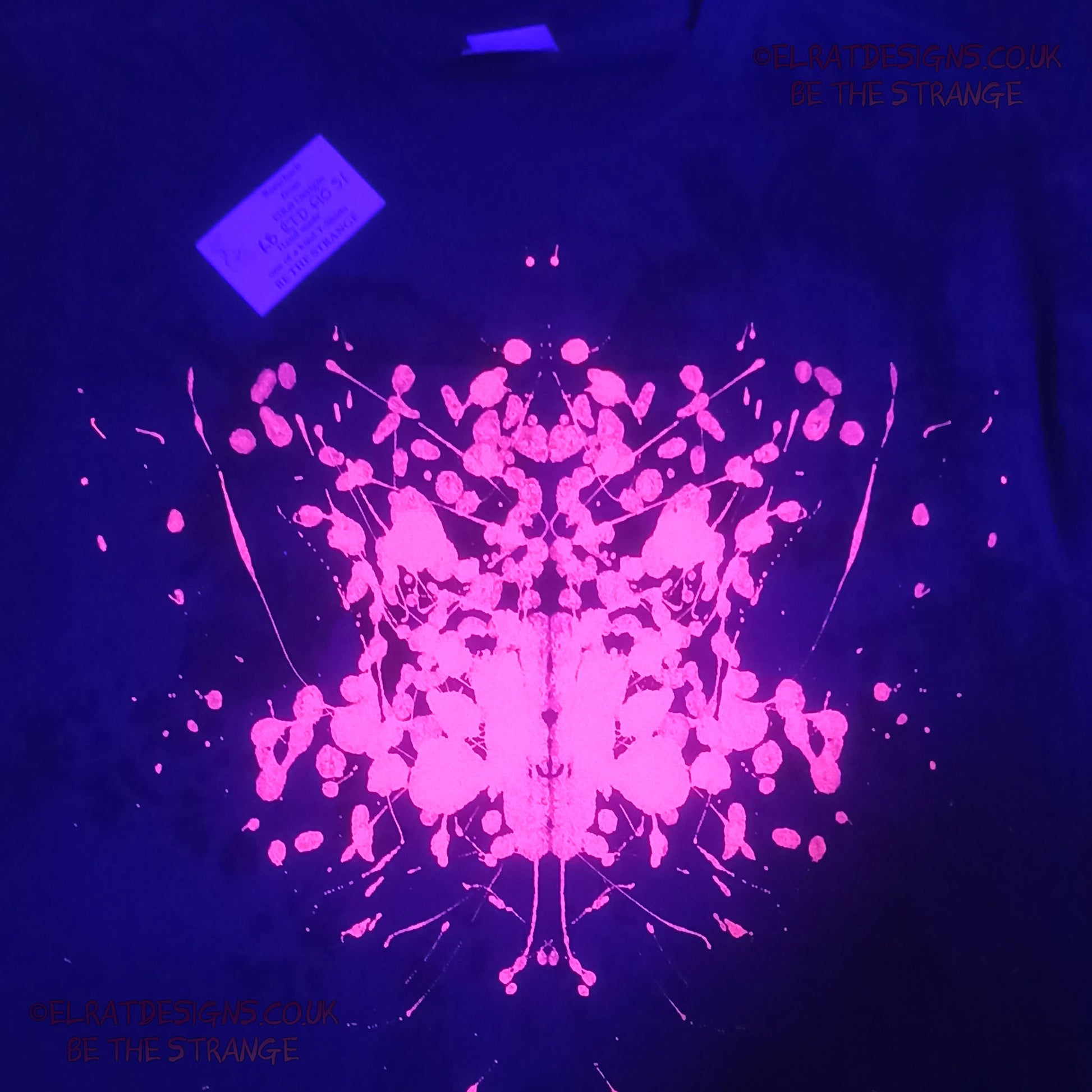 Rorschach, Black cotton Revers Tie Dyed T-Shirt with Fluorescent Orange ink blot - Small #1 (RB RTD FlO S1) - ElRat Designs - elratdesigns.co.uk