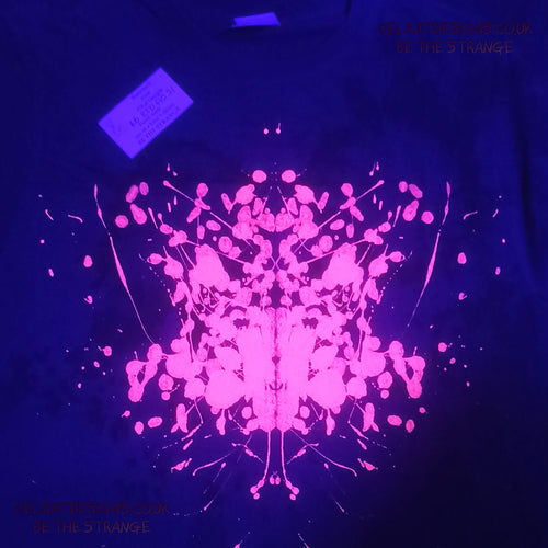 Rorschach, Black cotton Revers Tie Dyed T-Shirt with Fluorescent Orange ink blot - Small #1 (RB RTD FlO S1) - ElRat Designs - elratdesigns.co.uk