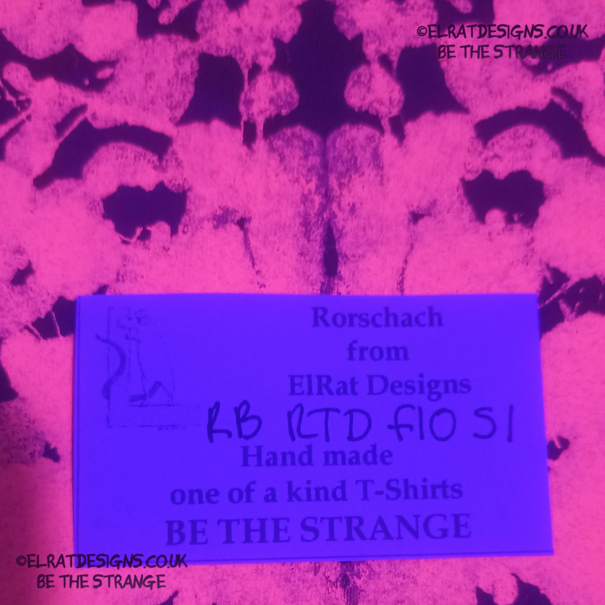 Rorschach, Black cotton Revers Tie Dyed T-Shirt with Fluorescent Orange ink blot - Small #1 (RB RTD FlO S1) - ElRat Designs - elratdesigns.co.uk