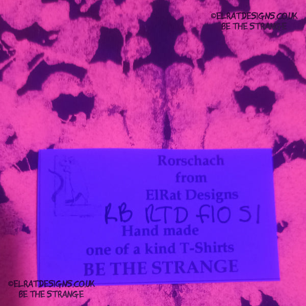 Rorschach, Black cotton Revers Tie Dyed T-Shirt with Fluorescent Orange ink blot - Small #1 (RB RTD FlO S1) - ElRat Designs - elratdesigns.co.uk