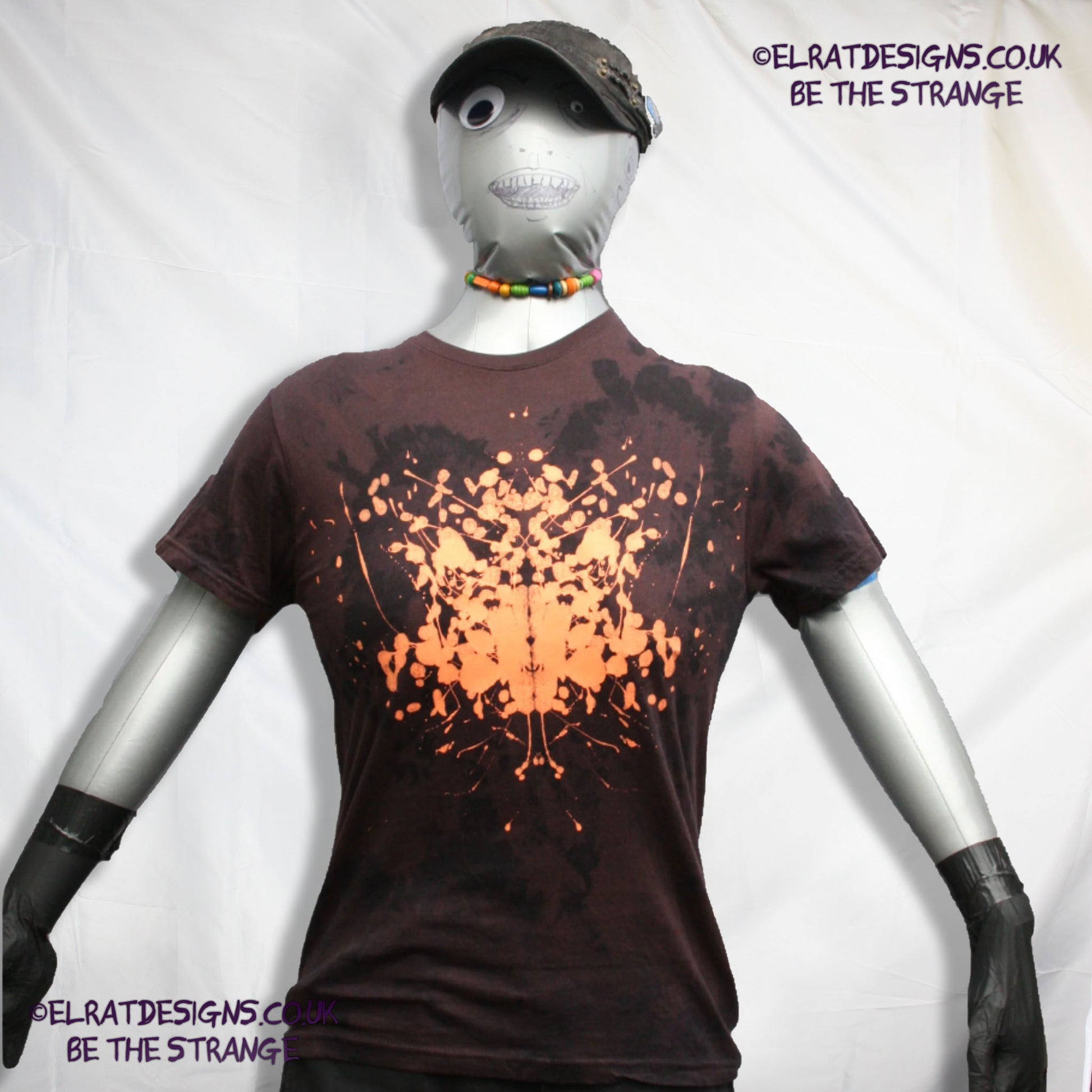 Rorschach, Black cotton Revers Tie Dyed T-Shirt with Fluorescent Orange ink blot - Small #1 (RB RTD FlO S1) - ElRat Designs - elratdesigns.co.uk