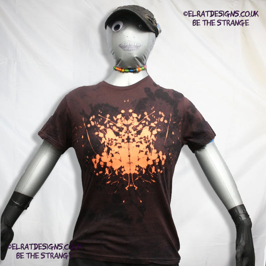 Rorschach, Black cotton Revers Tie Dyed T-Shirt with Fluorescent Orange ink blot - Small #1 (RB RTD FlO S1) - ElRat Designs - elratdesigns.co.uk