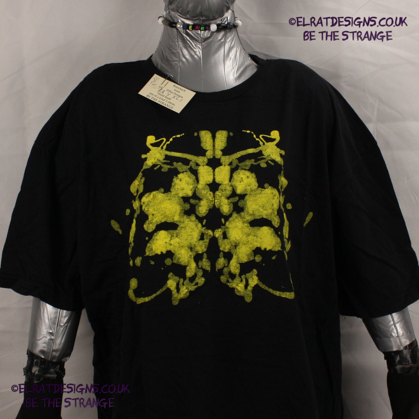 Rorschach, Black cotton T-Shirt with Yellow ink blot with patchy ink- XLarge #1 (RB Y XL1) - ElRat Designs - elratdesigns.co.uk
