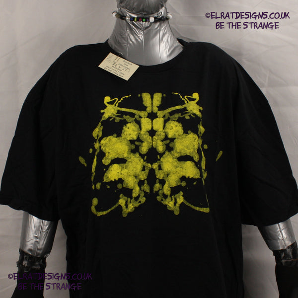 Rorschach, Black cotton T-Shirt with Yellow ink blot with patchy ink- XLarge #1 (RB Y XL1) - ElRat Designs - elratdesigns.co.uk