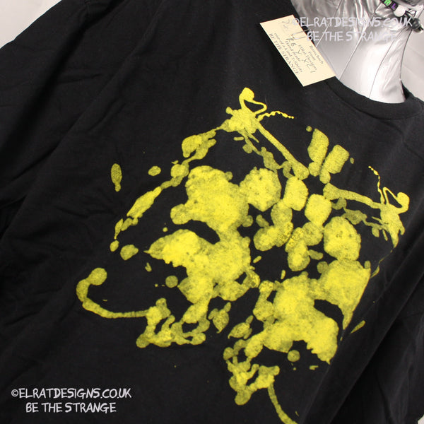 Rorschach, Black cotton T-Shirt with Yellow ink blot with patchy ink- XLarge #1 (RB Y XL1) - ElRat Designs - elratdesigns.co.uk