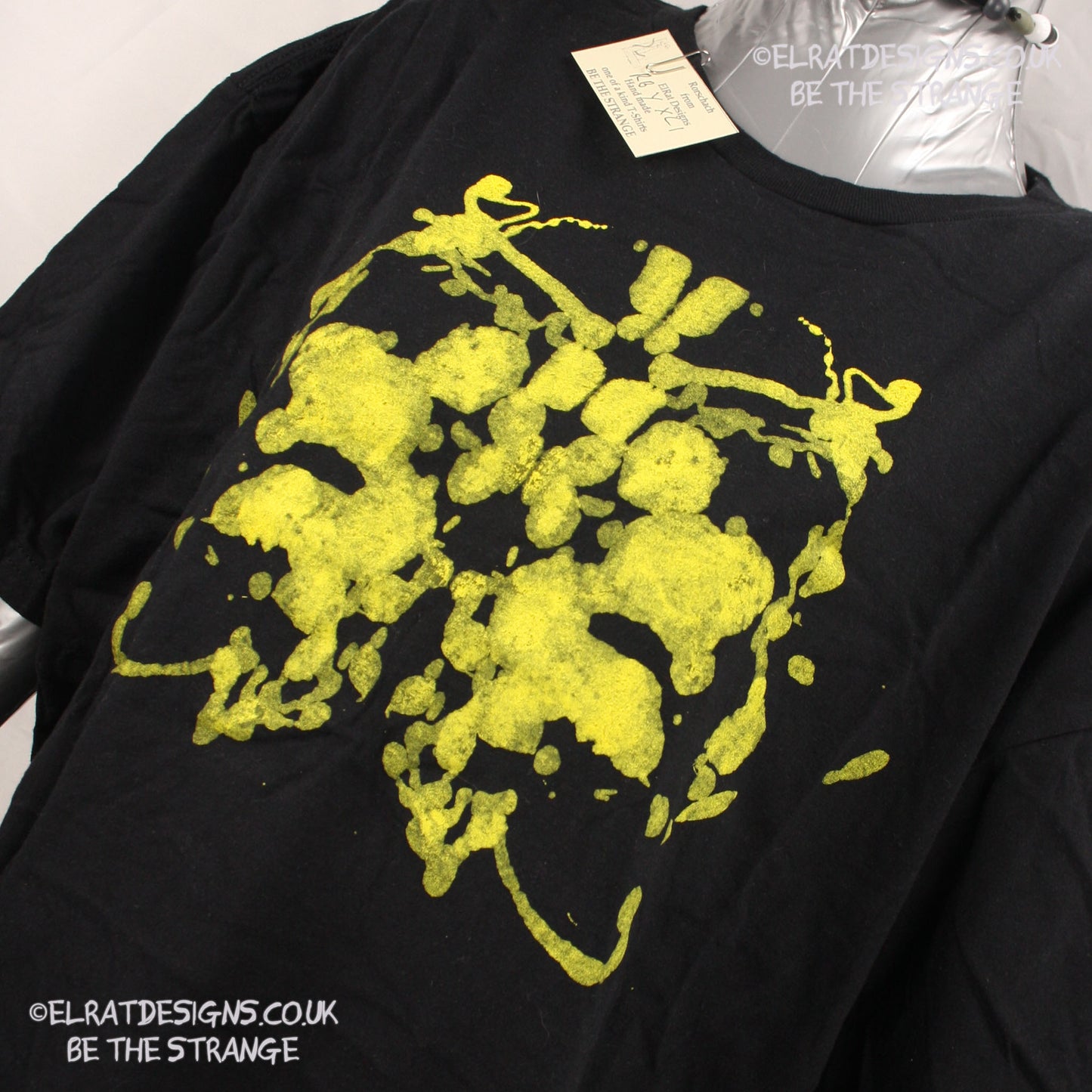 Rorschach, Black cotton T-Shirt with Yellow ink blot with patchy ink- XLarge #1 (RB Y XL1) - ElRat Designs - elratdesigns.co.uk