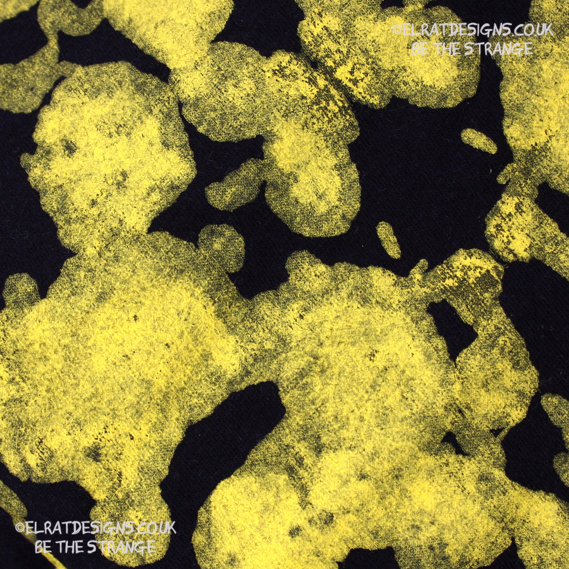 Rorschach, Black cotton T-Shirt with Yellow ink blot with patchy ink- XLarge #1 (RB Y XL1) - ElRat Designs - elratdesigns.co.uk