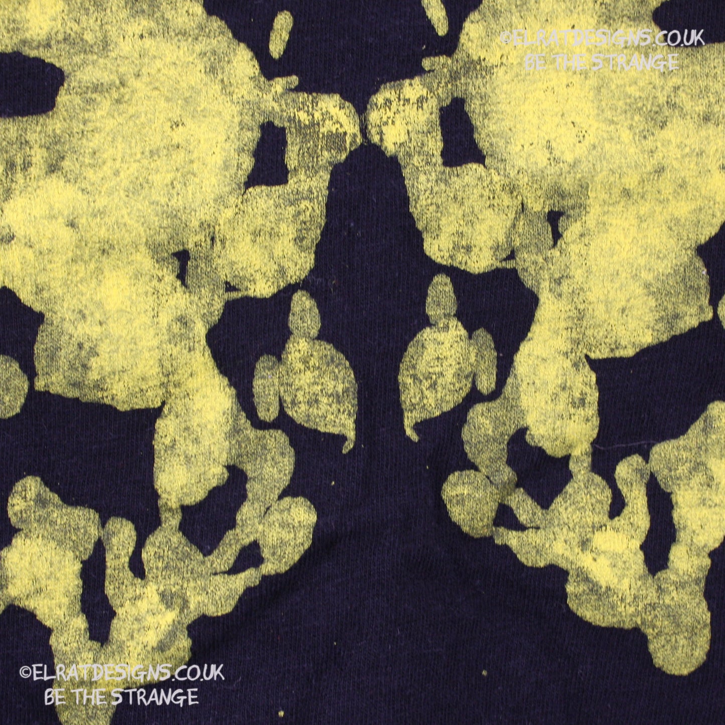 Rorschach, Black cotton T-Shirt with Yellow ink blot with patchy ink- XLarge #1 (RB Y XL1) - ElRat Designs - elratdesigns.co.uk