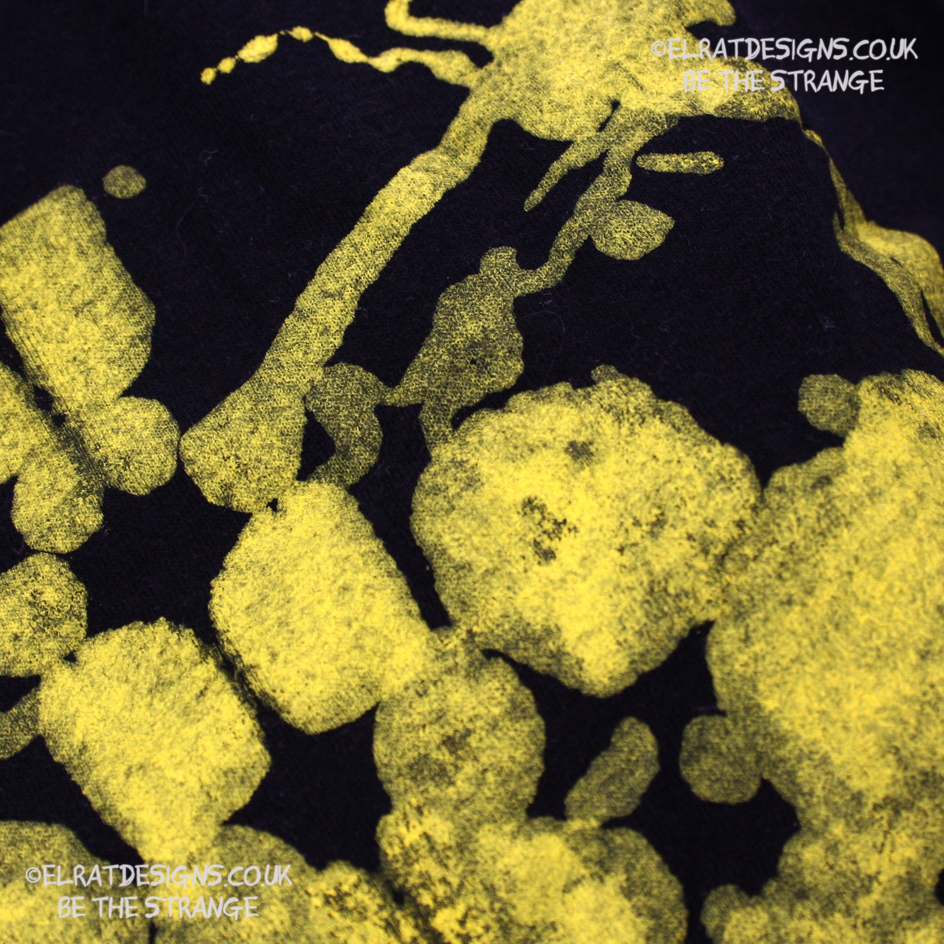 Rorschach, Black cotton T-Shirt with Yellow ink blot with patchy ink- XLarge #1 (RB Y XL1) - ElRat Designs - elratdesigns.co.uk