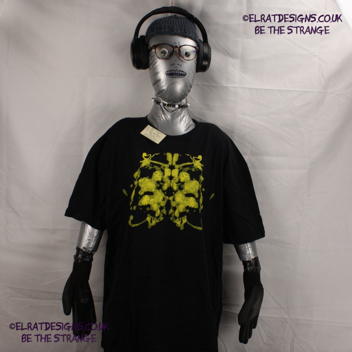 Rorschach, Black cotton T-Shirt with Yellow ink blot with patchy ink- XLarge #1 (RB Y XL1) - ElRat Designs - elratdesigns.co.uk